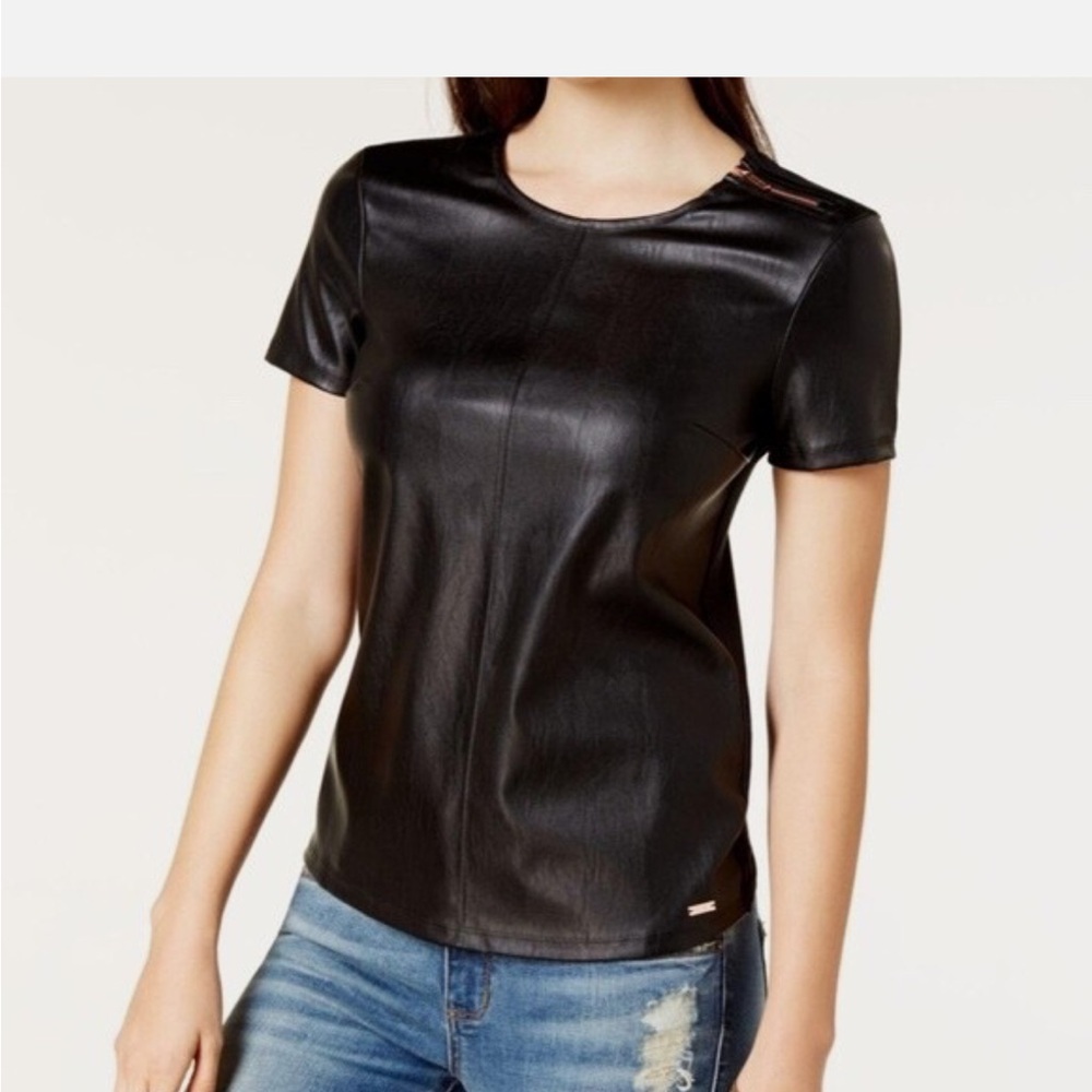 Bin 4C Armani exchange XS Black Faux Leather with zip Women's Top